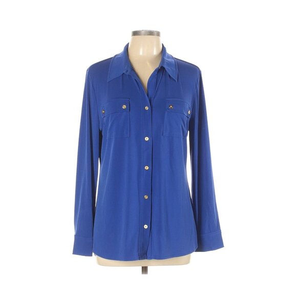Ellen Tracy Womens Blue Button-Up Long Sleeve Shirt L Polyester Blend - Picture 1 of 3